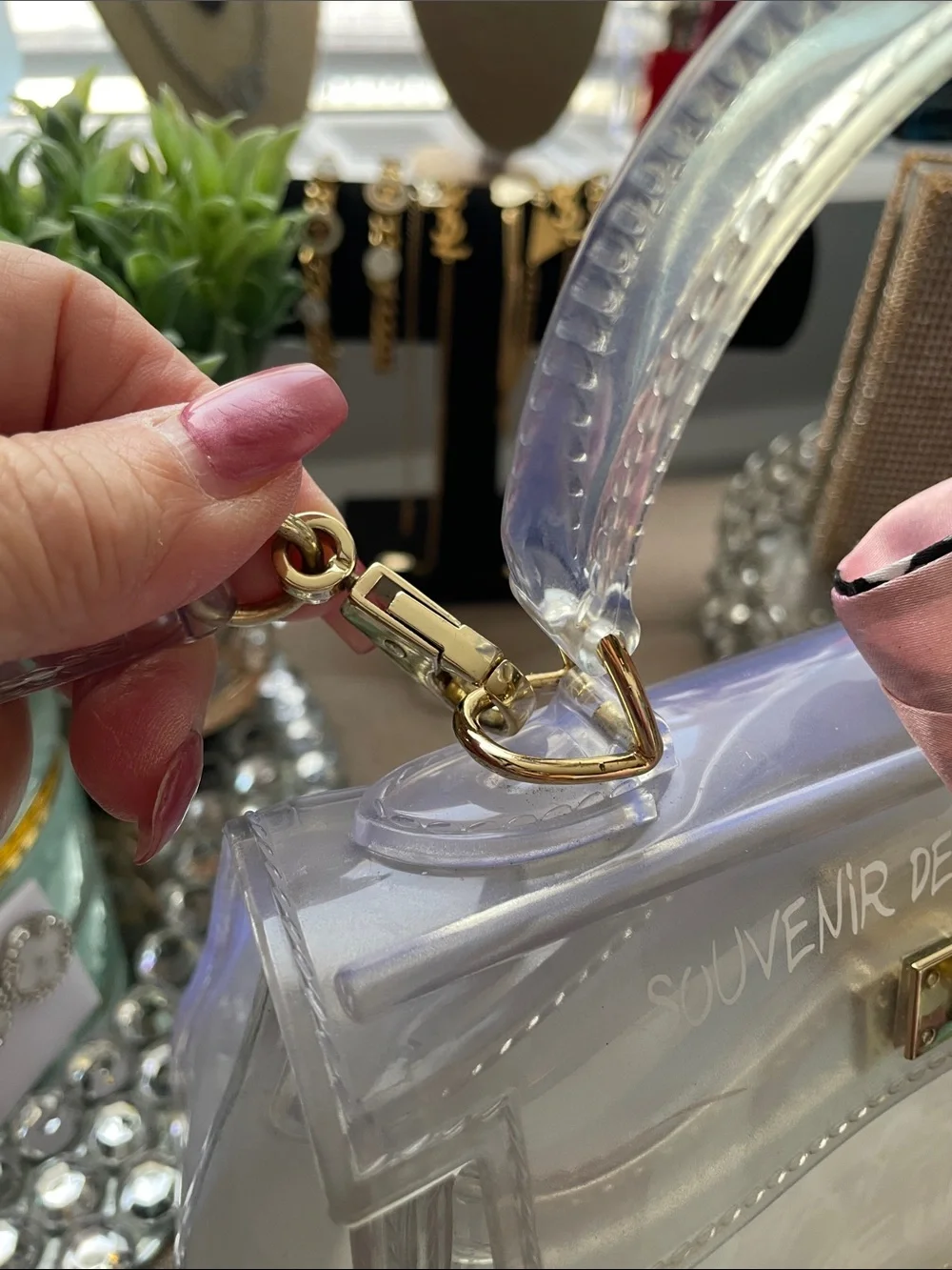 ✨Vintage Clear Satin-Look Handbag with Pink Scarf Accent✨Preloved